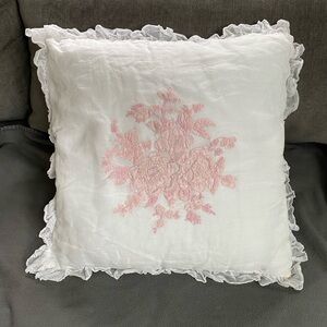 Lauren Ralph Lauren embroidered appliqué, pink rose, cotton, ruffled pillow